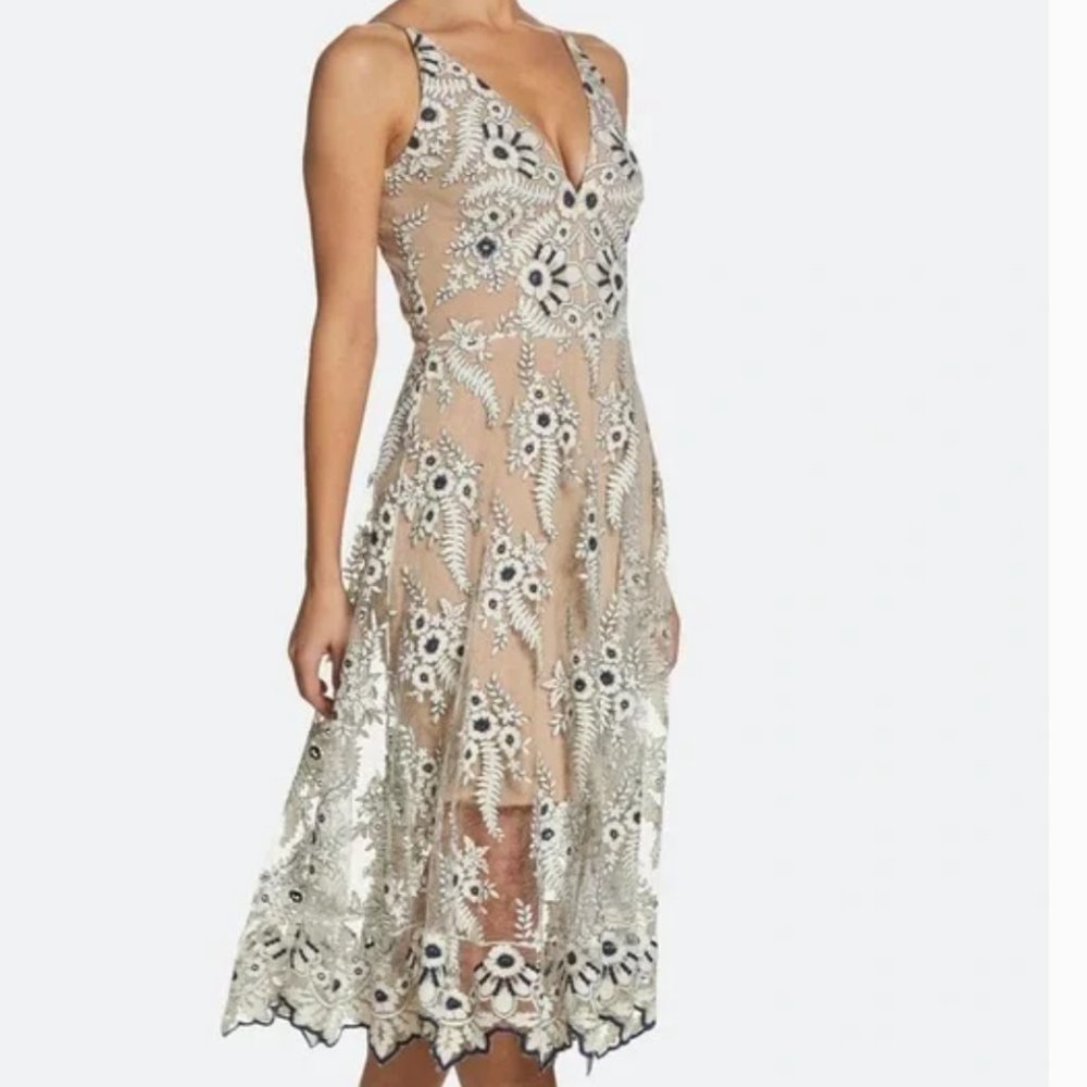 Dress the Population Audrey Lace Overlay Midi Dress Navy Nude